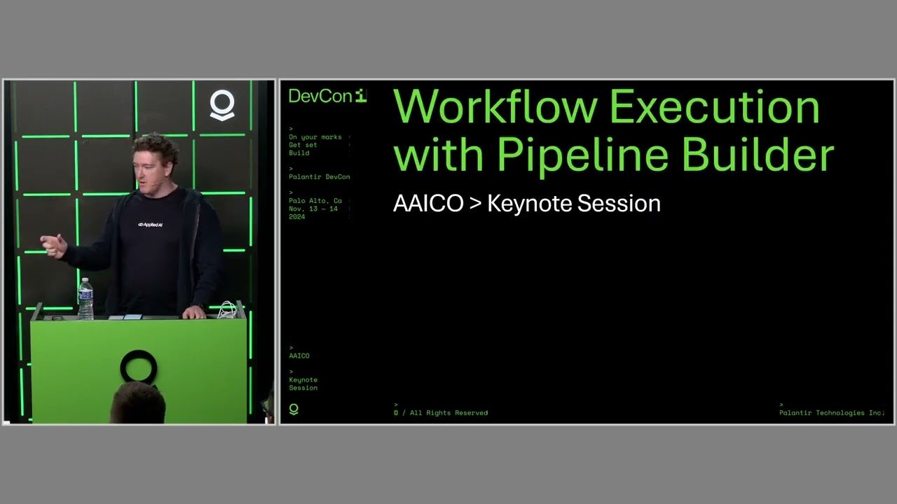 Phillip Kingston on stage at Palantir DevCon beside a slide reading “Workflow Execution with Pipeline Builder”.
