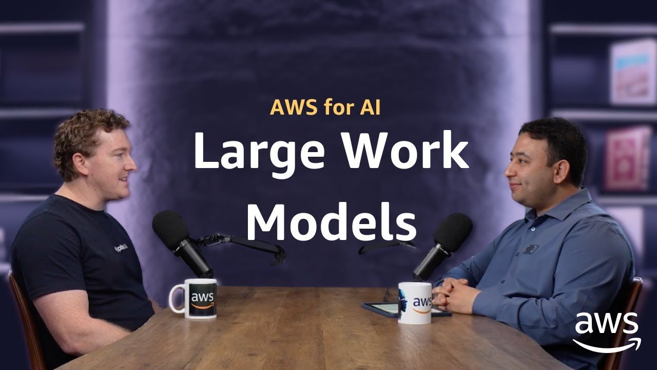Phillip Kingston and the host at the AWS for AI podcast table, microphones and AWS mugs between them, under the title “Large Work Models”.