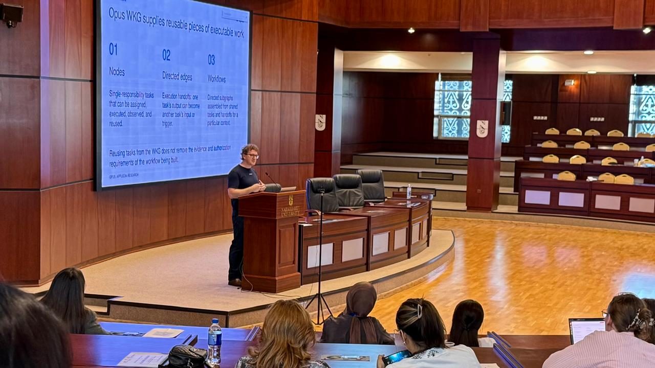 Phillip Kingston at the Nazarbayev University lectern in Astana, beside a slide headed “Opus WKG supplies reusable pieces of executable work” listing nodes, directed edges and workflows.
